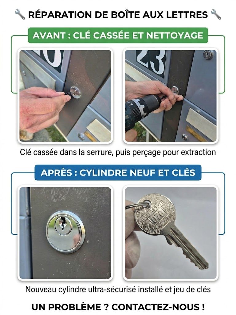 Réparation d'une boîte aux lettres : clé cassée extraite puis cylindre neuf installé par Clé Pro Express